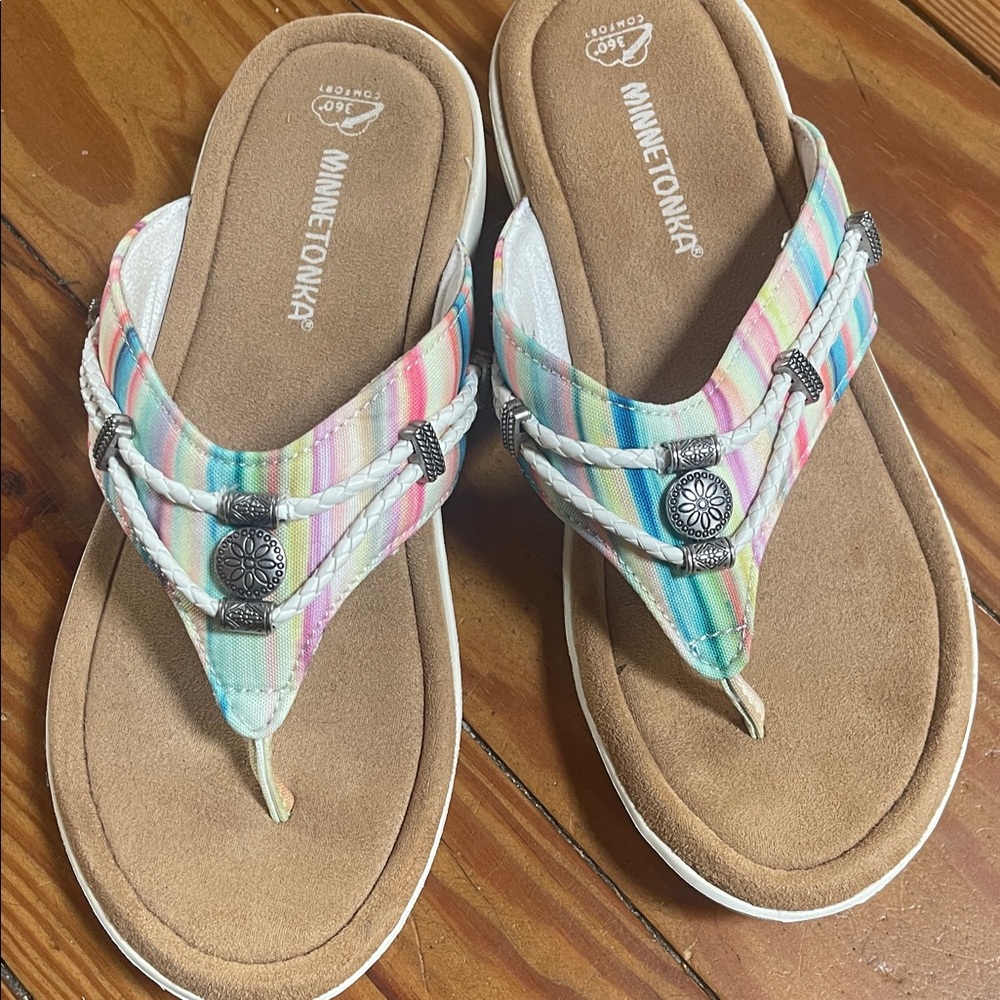 Minnetonka Multicolor Pastel Stripe Braided Thong Sandals